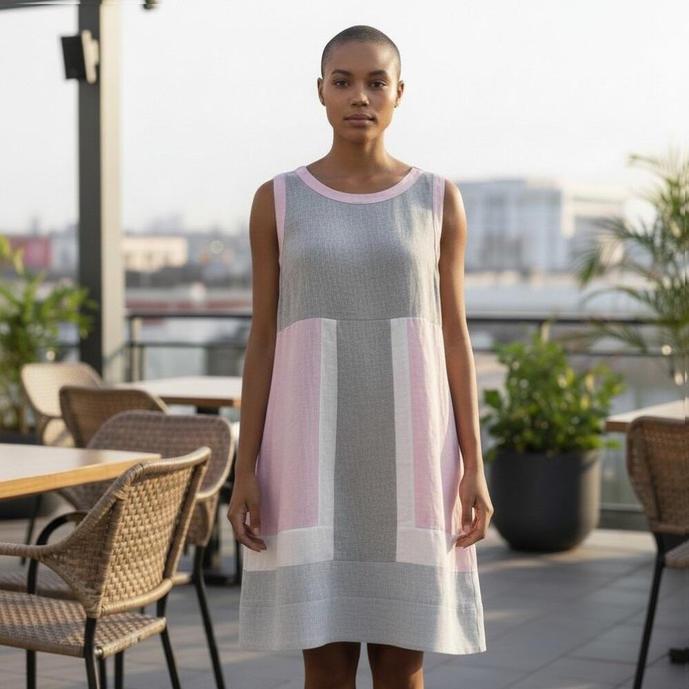 Mario‎ Romano Pink Gray White Colorblock Shift Dress Sz S 100% Italian Linen